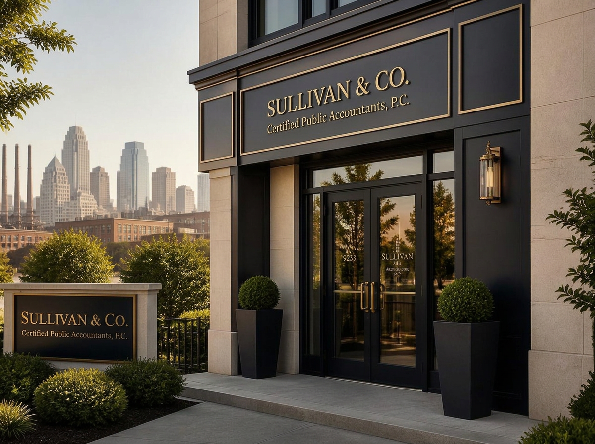 Sullivan & Co. CPA firm office front in Kansas City with the downtown skyline in the background