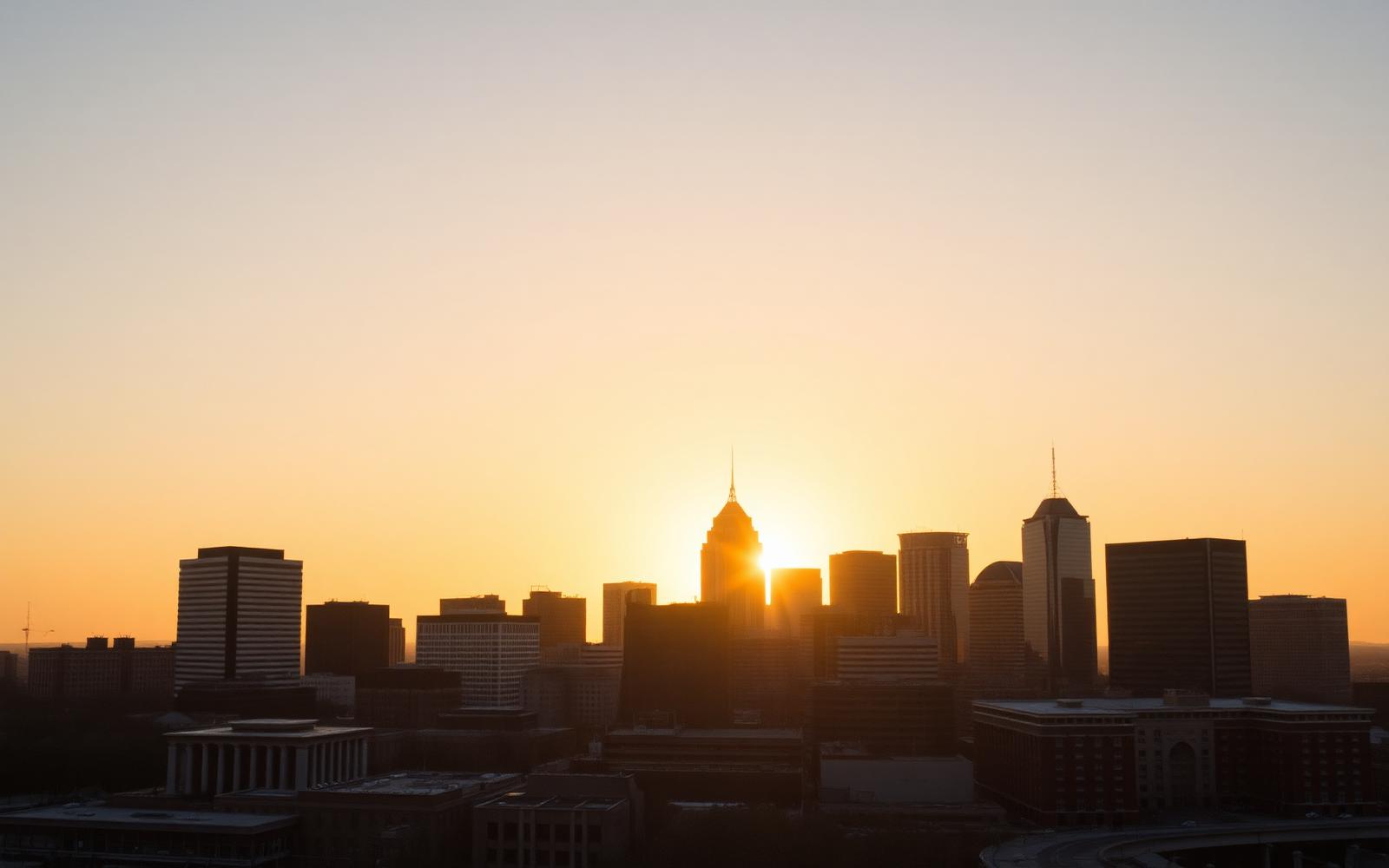 Kansas City skyline at golden hour, viewed from the Ward Parkway area