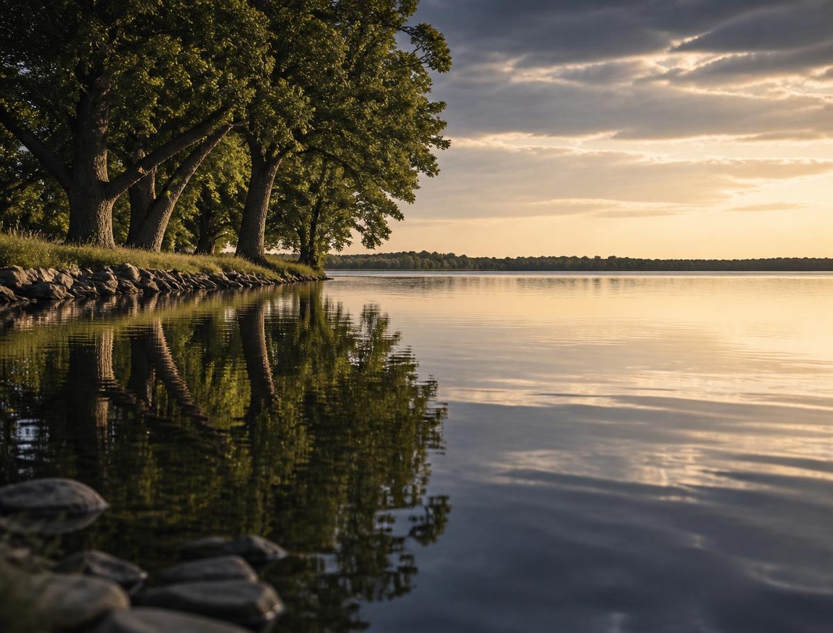 Calm waterfront at golden hour with mature trees reflected on the water